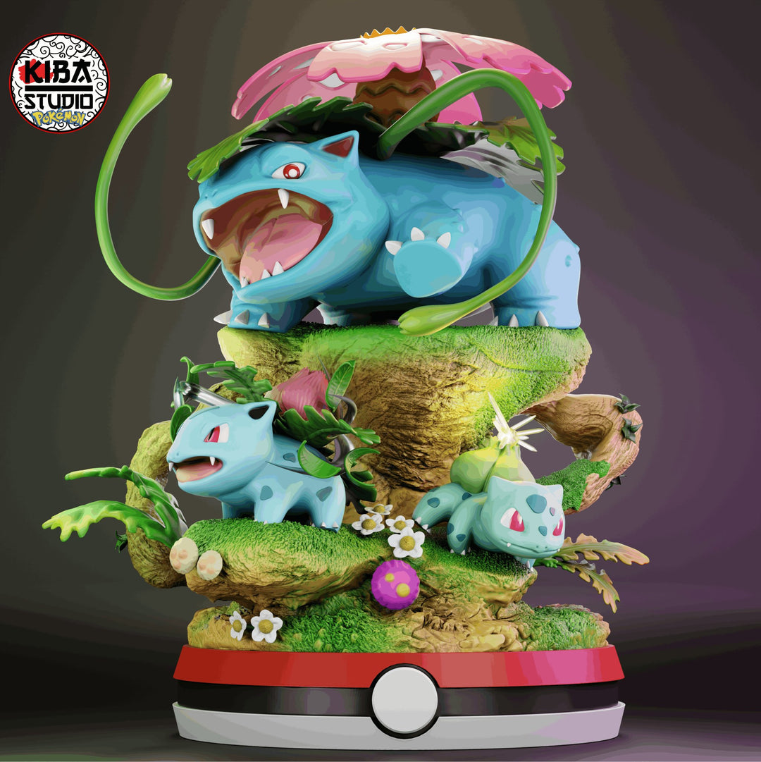 Diorama Detallado de las Evoluciones de Bulbasaur: Obra Maestra Pintada a Mano